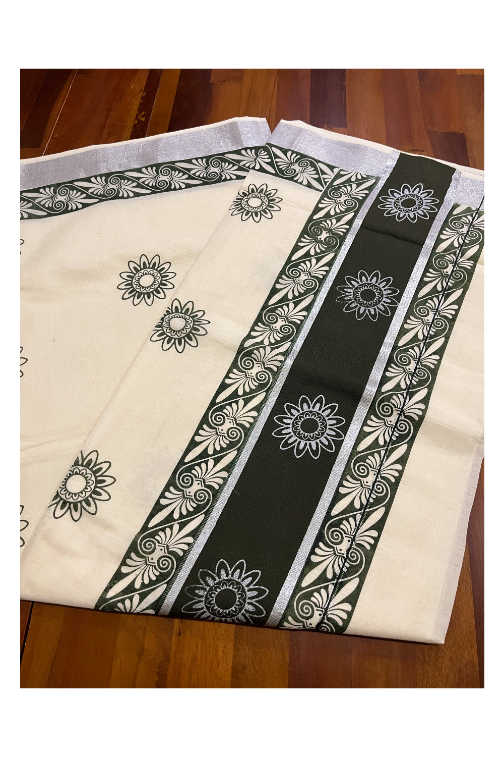 Pure Cotton Kerala Saree with Green Block Prints and Silver Kasavu Border (Onam Saree 2023)