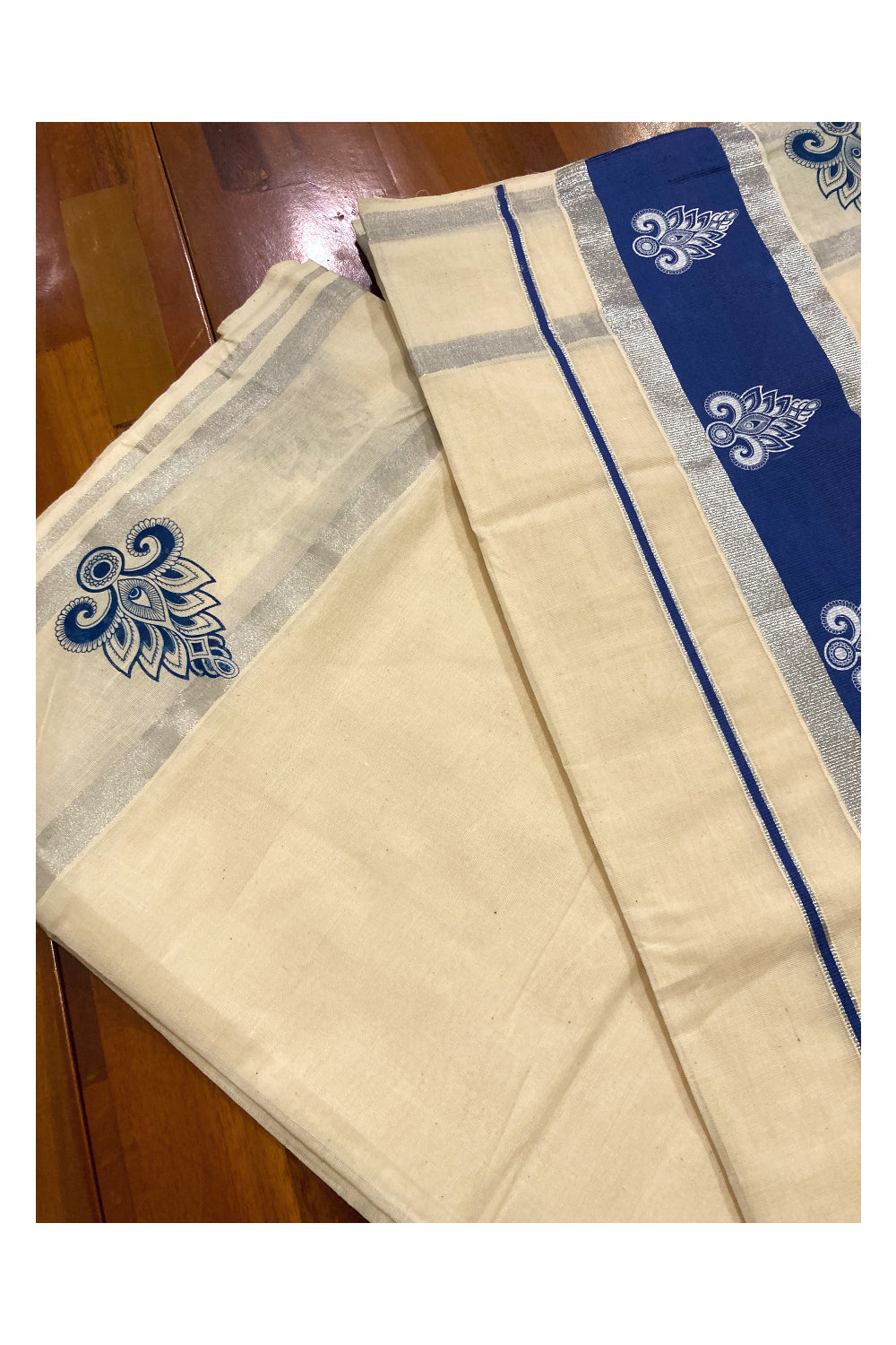 Pure Cotton Kerala Silver Kasavu Saree with White Block Prints in Blue Pallu