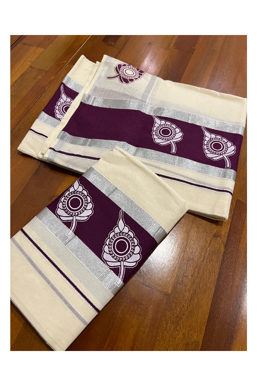 Kerala Cotton Silver Kasavu Set Mundu (Mundum Neriyathum) with Leaf Block Prints on Purple Border