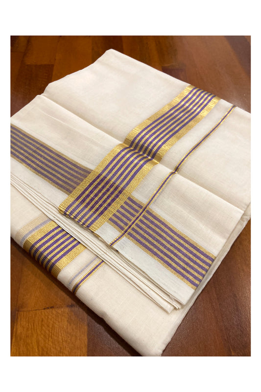 Southloom Premium Handloom Cotton Off White Mundu with Violet and Kasavu Border (South Indian Dhoti)