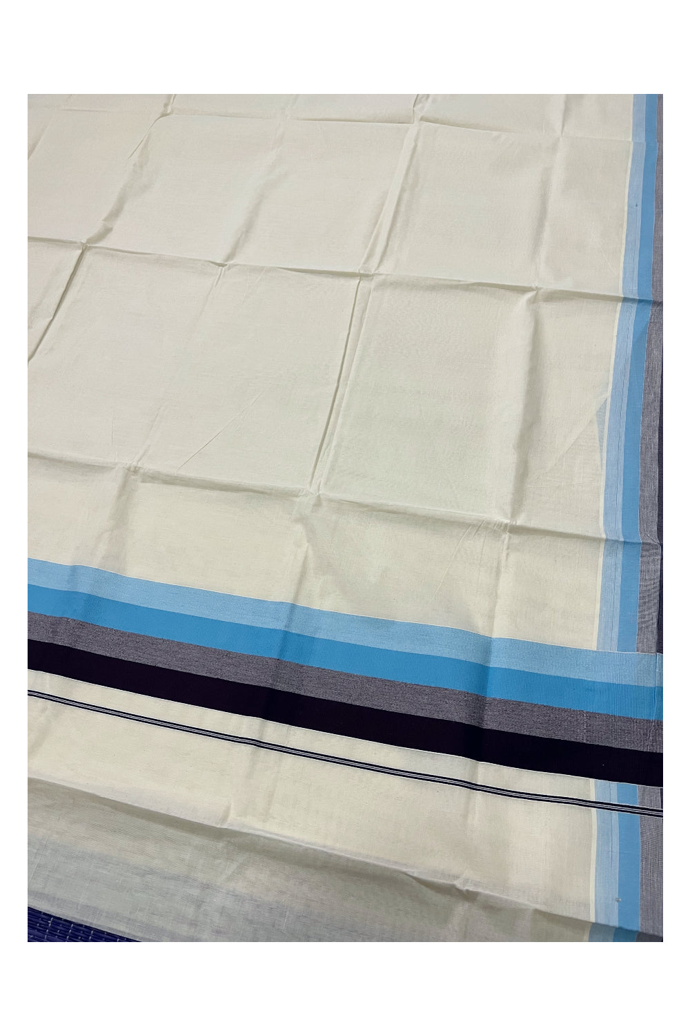 Kerala Cotton Saree with Dark Brown and Light Blue Lines Border Design