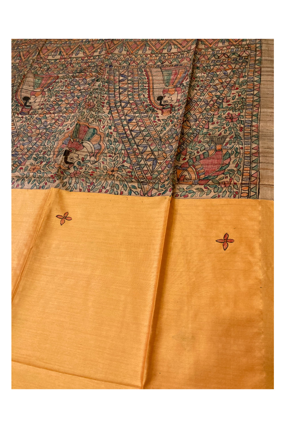 Southloom Soft Silk Orange Saree with Multi-Coloured Art Works on Pallu