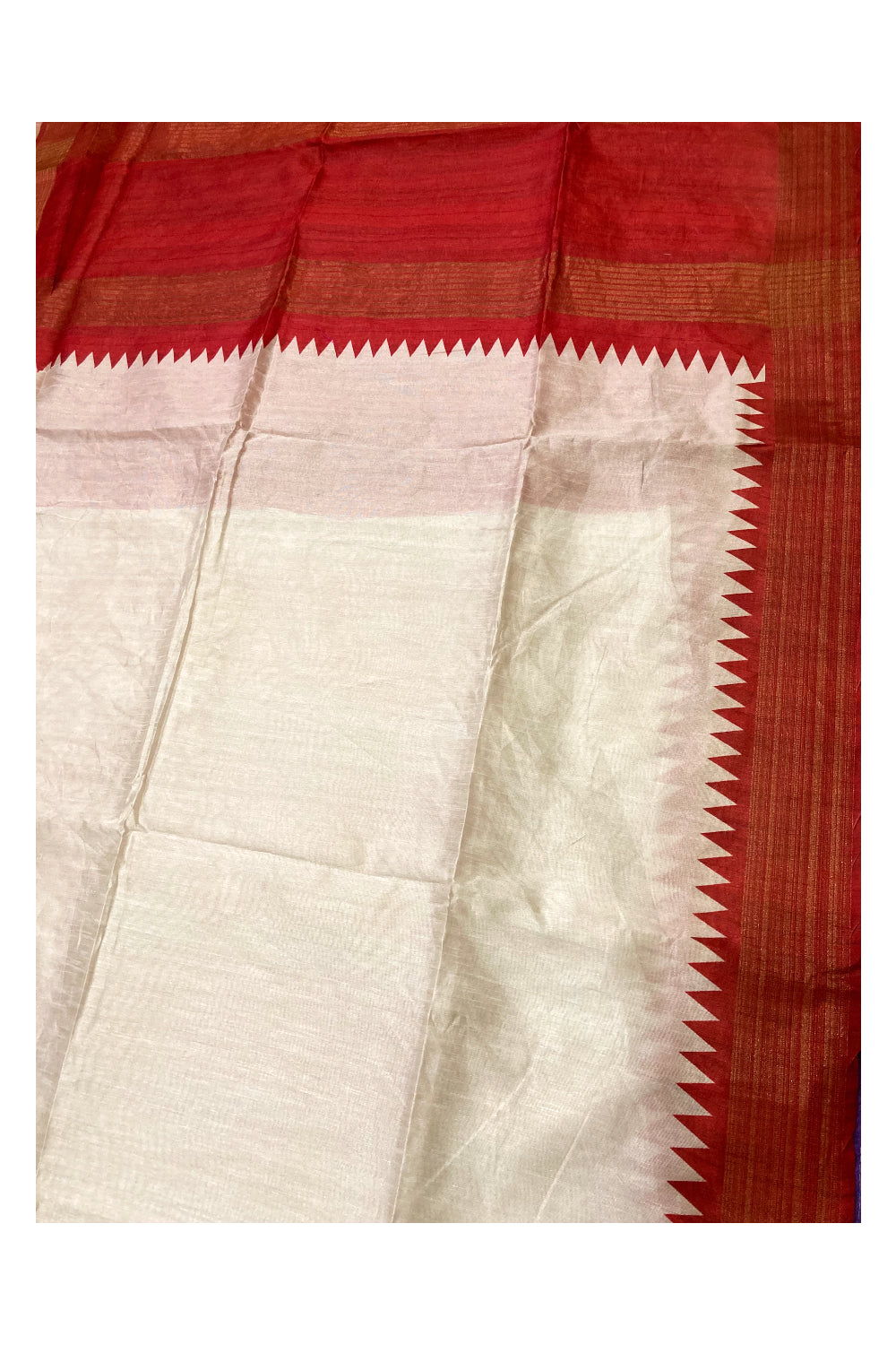 Southloom Semi Tussar White Saree with Red Temple Block Printed Border