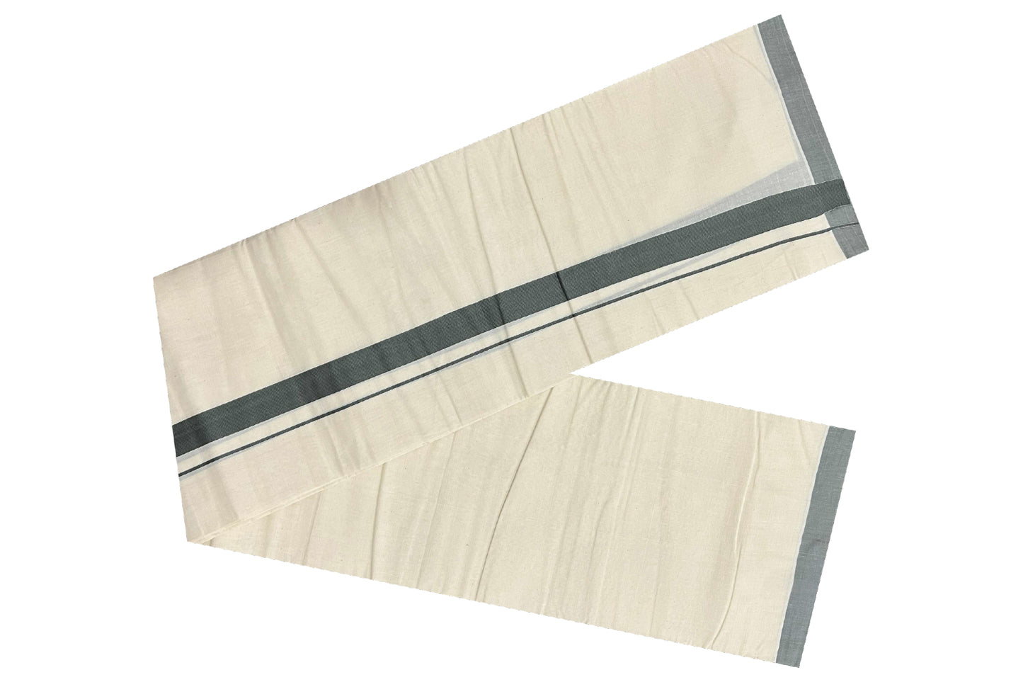 Off White Pure Cotton Double Mundu with Greenish Grey Kara (South Indian Dhoti)