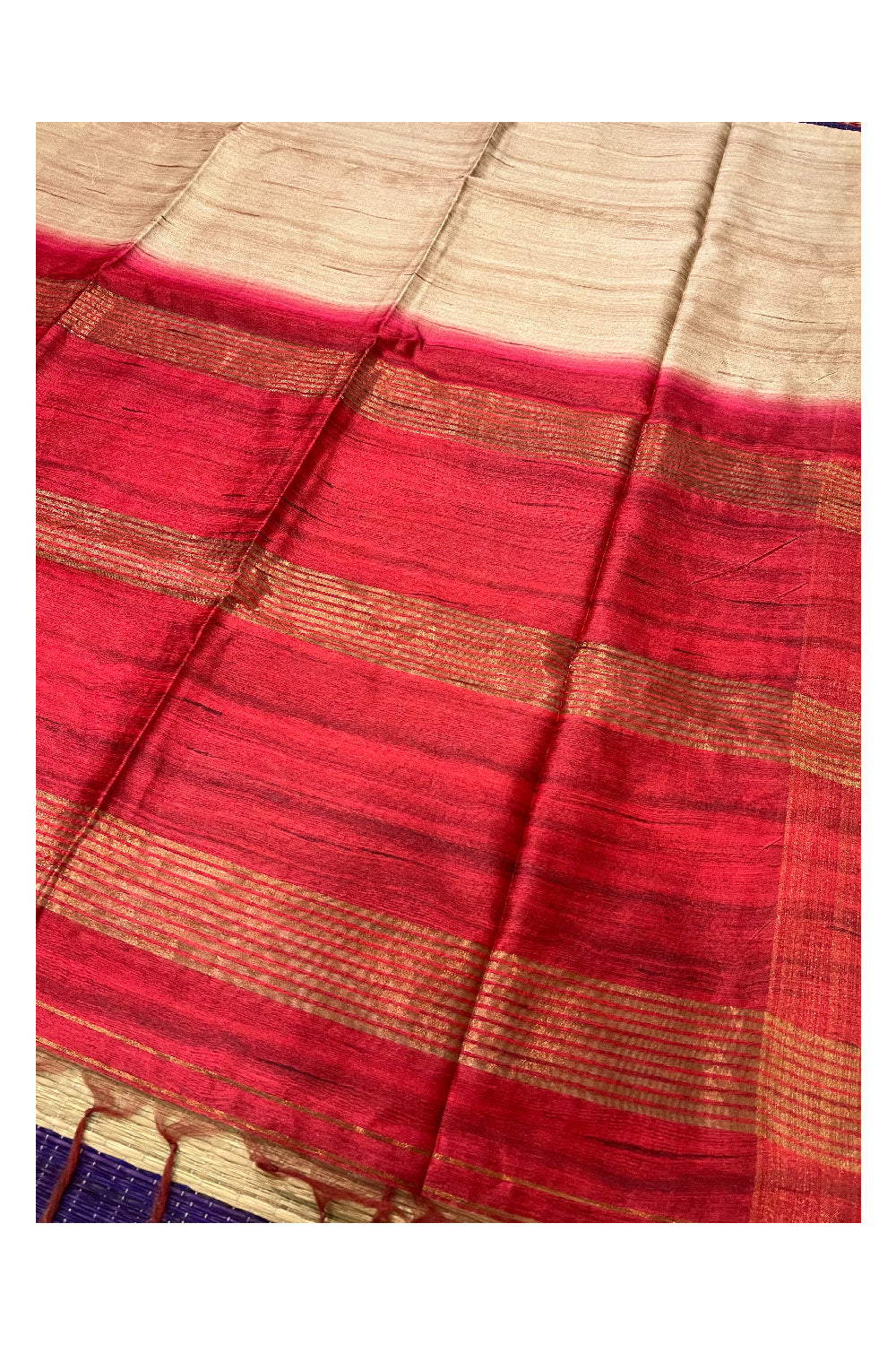 Southloom Beige Semi Tussar Designer Saree with Red Pallu