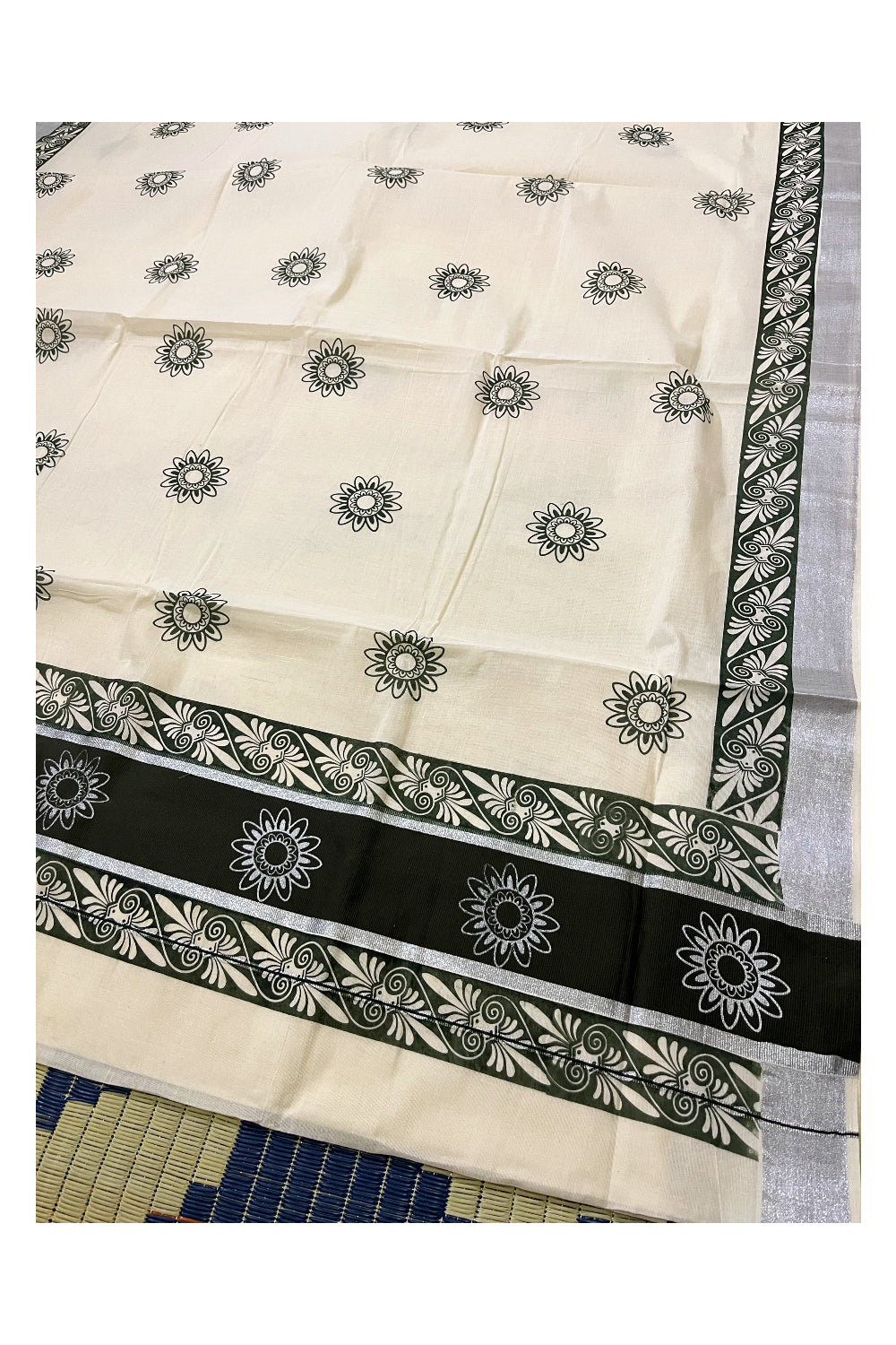 Pure Cotton Kerala Saree with Green Block Prints and Silver Kasavu Border (Onam Saree 2023)