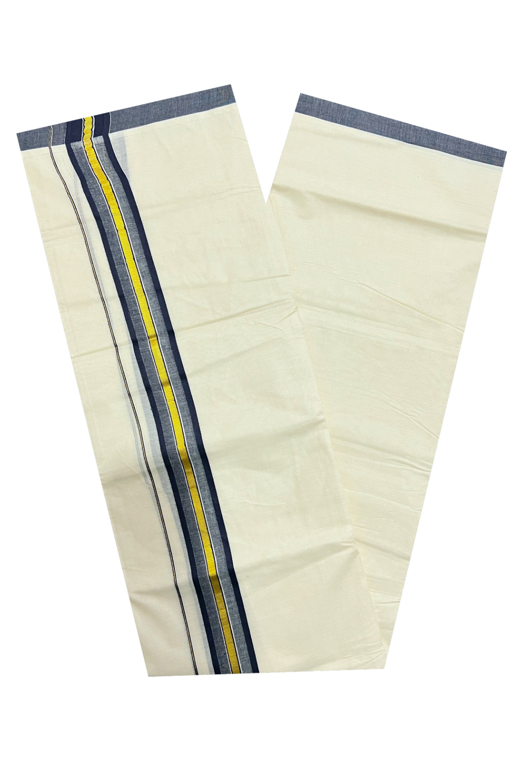 Pure Cotton Off White Double Mundu with Navy Blue and Kasavu Border (South Indian Dhoti)