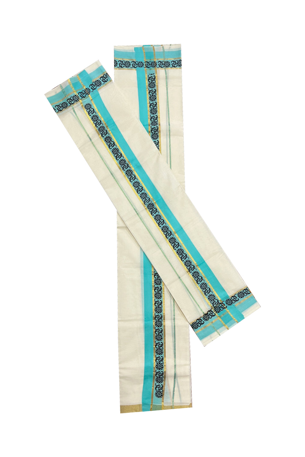 Kerala Cotton Kasavu Set Mundu (Mundum Neriyathum) with Black Floral Block Prints in Turquoise Border