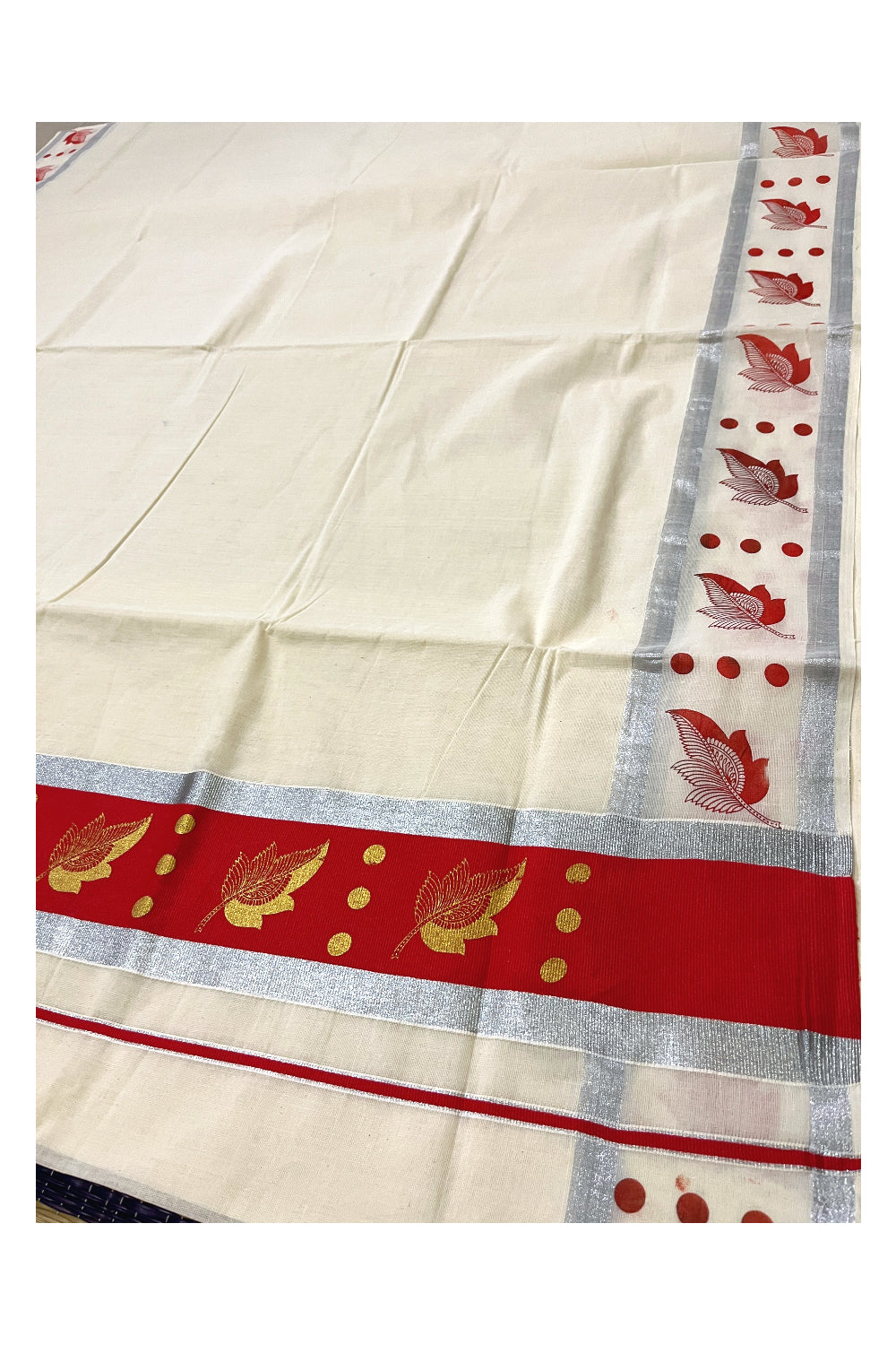 Pure Cotton Kerala Saree with Golden Leaf Block Prints on Silver Kasavu and Peach Pallu