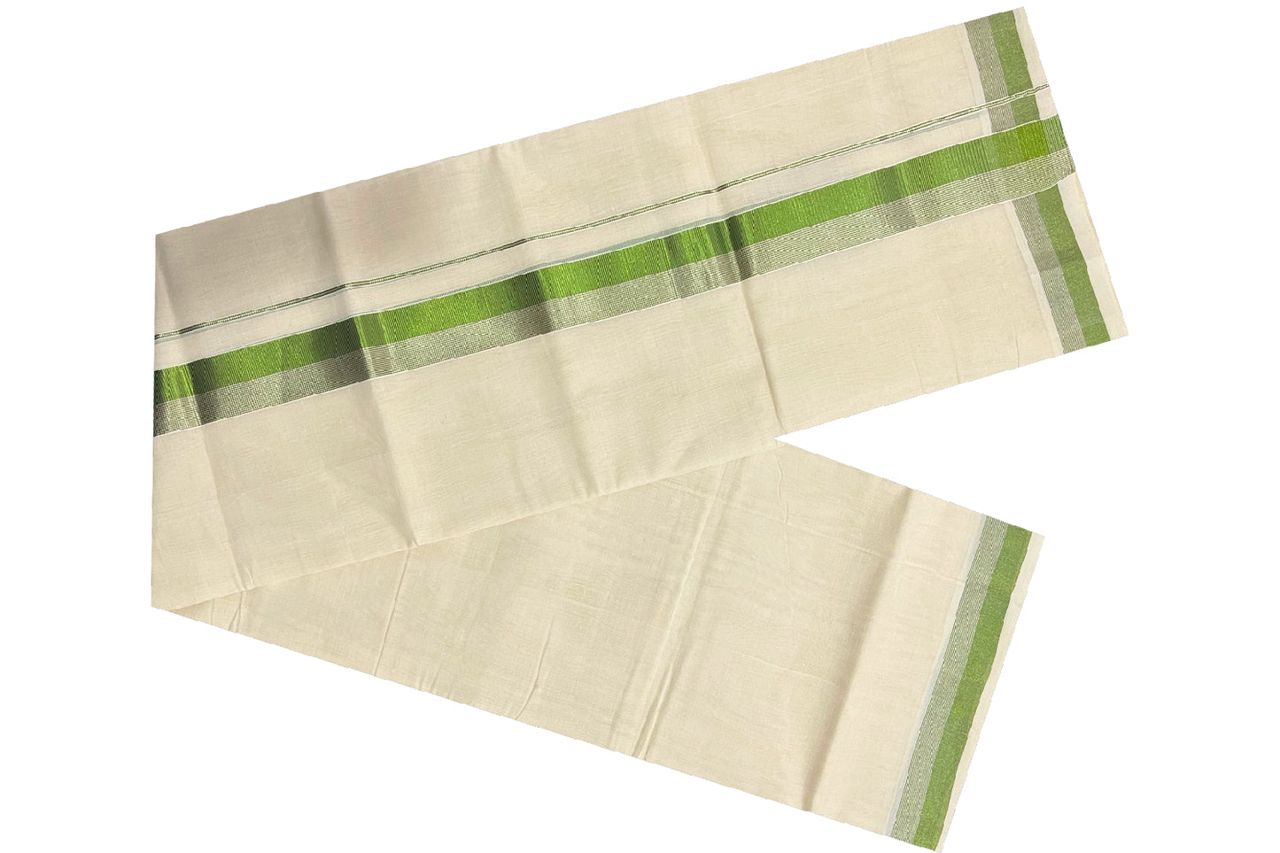 Southloom Balaramapuram Handloom Pure Cotton Mundu with Silver and Light Green Kasavu Border (South Indian Dhoti)