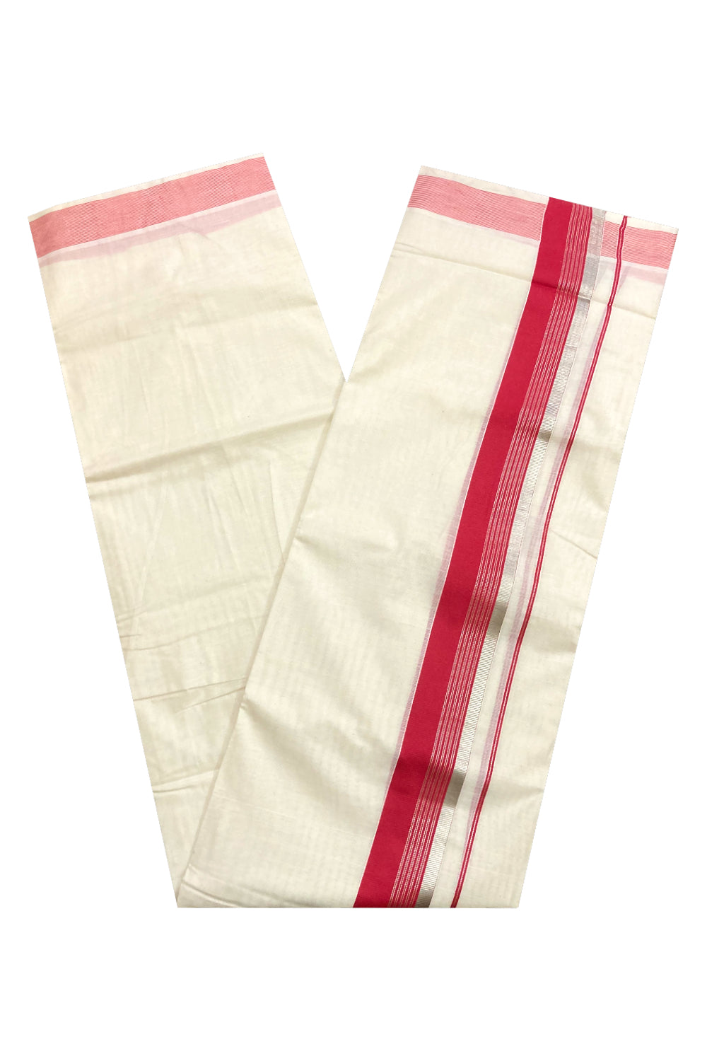 Off White Pure Cotton Double Mundu with Silver Kasavu and Red Border (South Indian Dhoti)