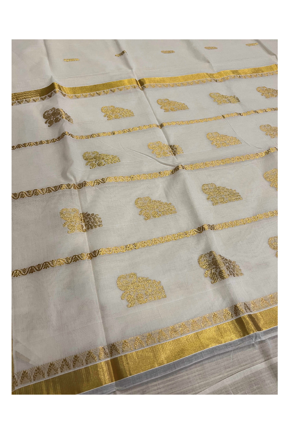 Southloom™ Original Handloom Cotton Kasavu Heavy Work Saree with Peacock Woven Design