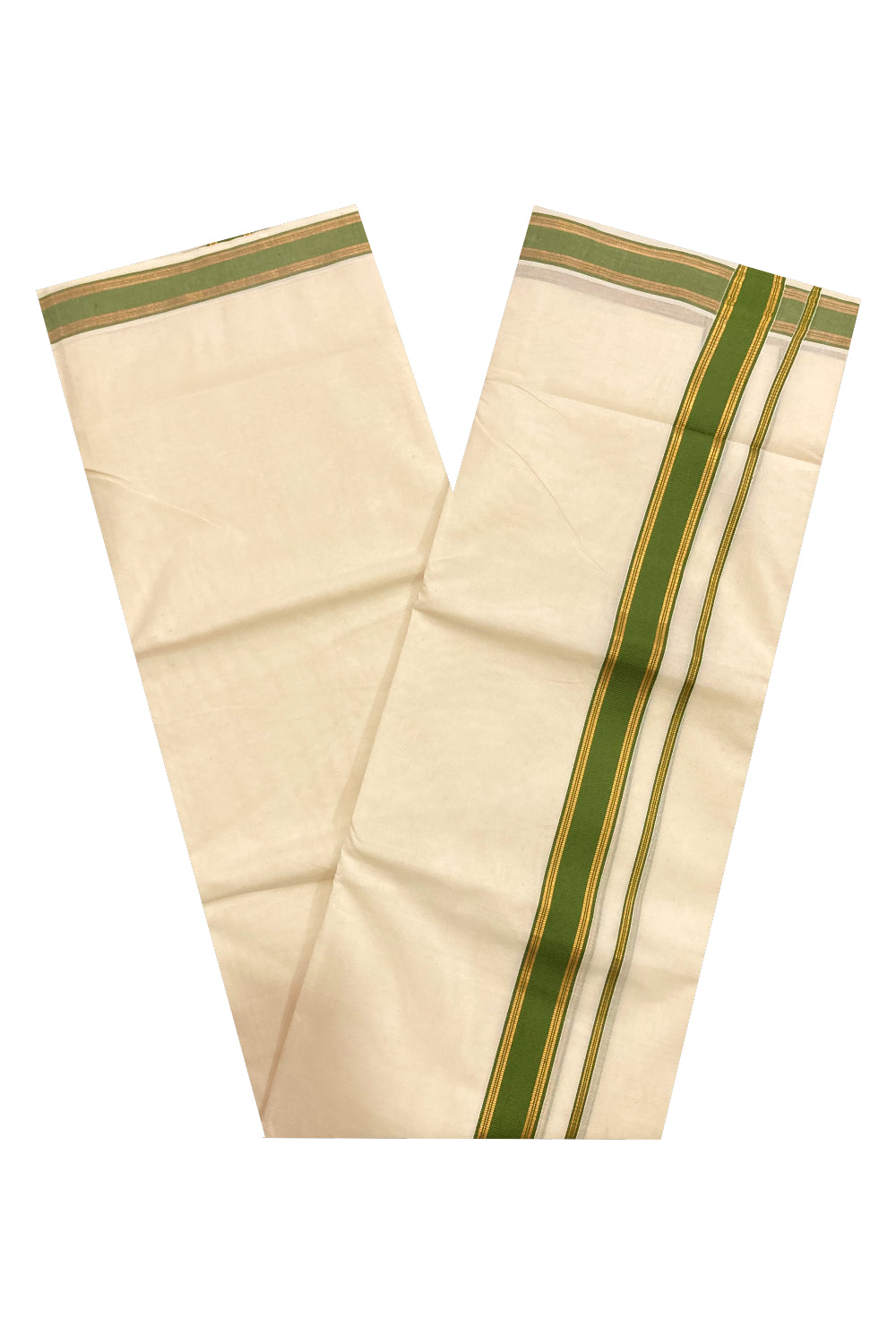 Off White Kerala Double Mundu with Kasavu and Green Border (South Indian Dhoti)