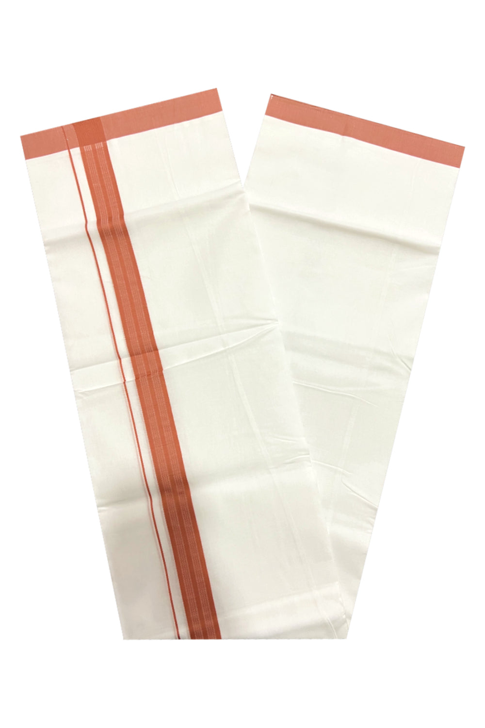 Pure White Cotton Double Mundu with Dark Orange Border (South Indian Dhoti)