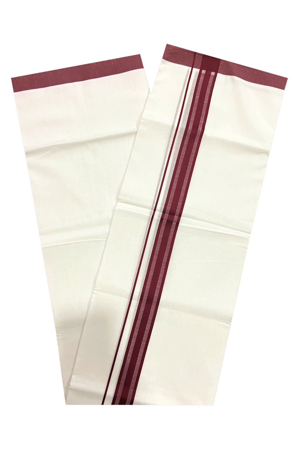 Pure White Cotton Double Mundu with Maroon Line Border (South Indian Dhoti)