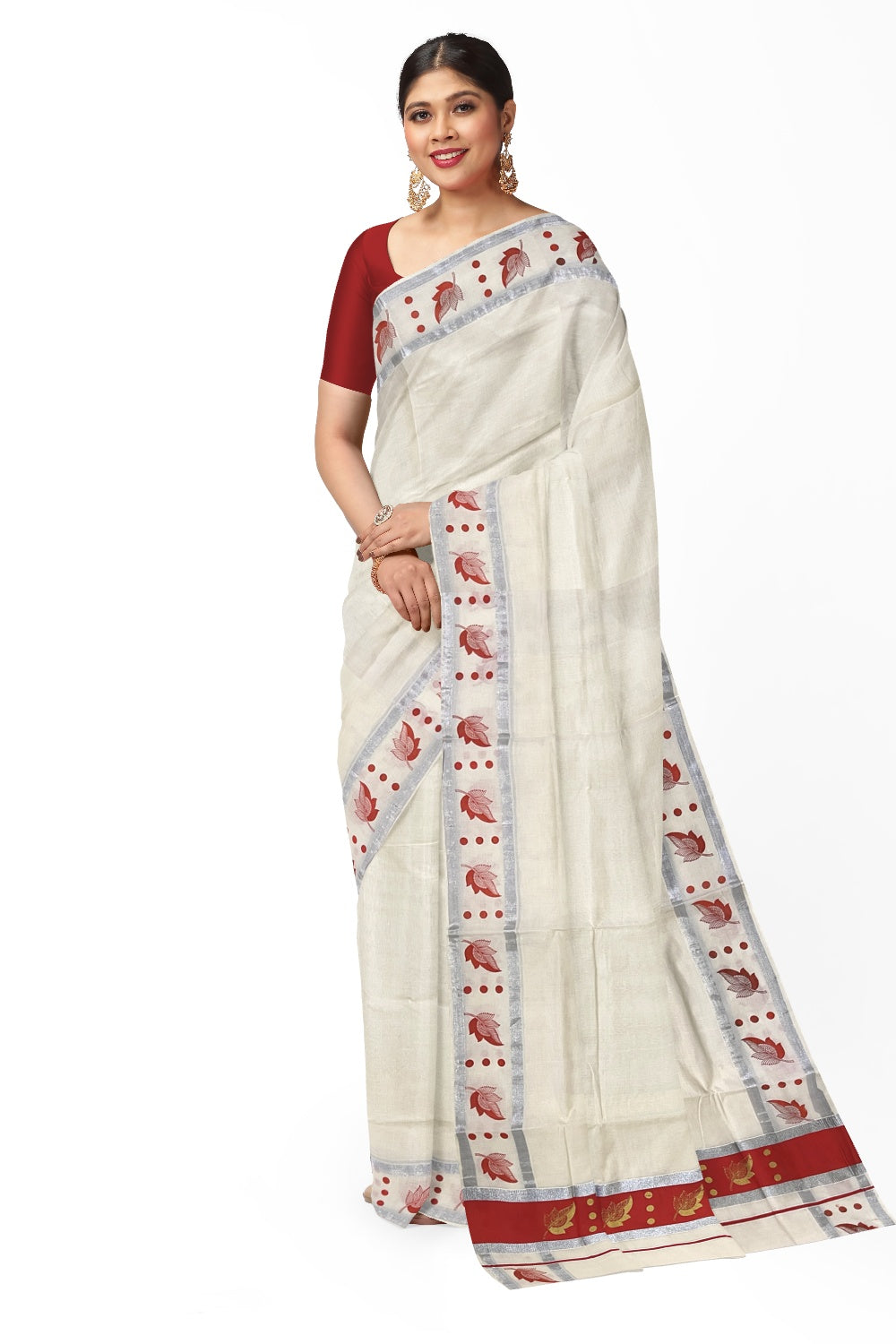 Pure Cotton Kerala Saree with Golden Leaf Block Prints on Silver Kasavu and Peach Pallu