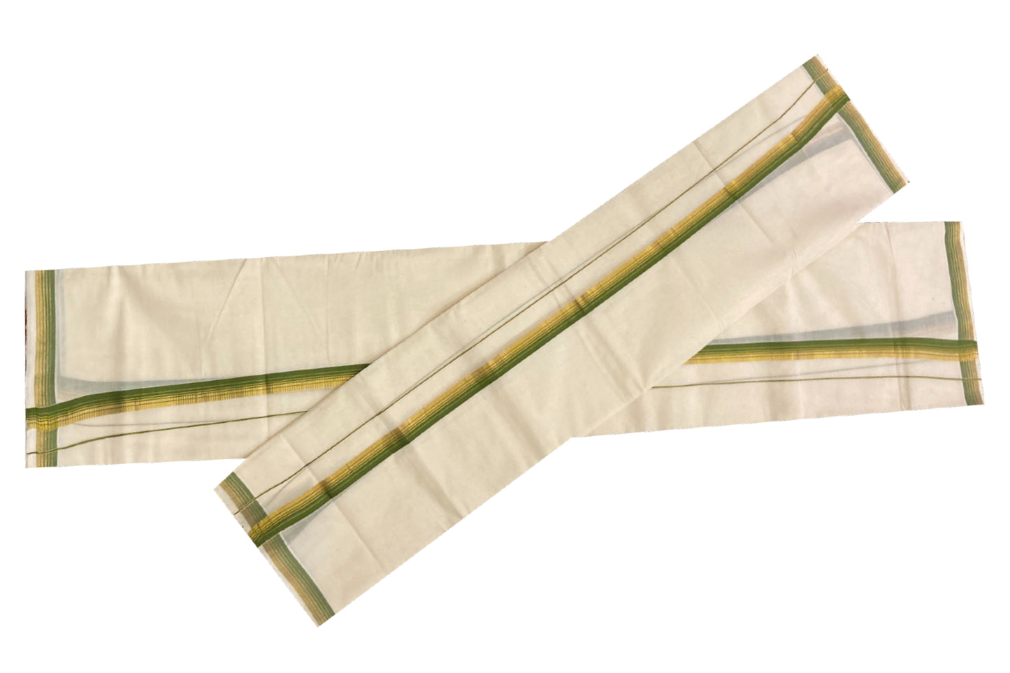 Kerala Cotton Mundum Neriyathum Double (Set Mundu) with Green and Kasavu Border
