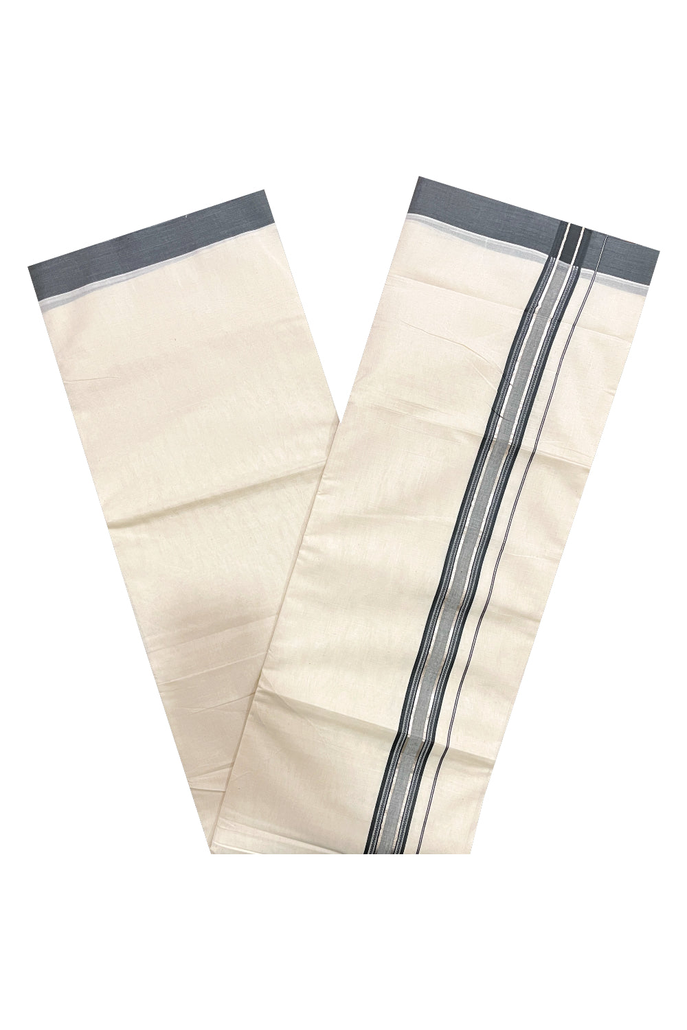 Pure Cotton Off White Double Mundu with Grey and Silver Kara (South Indian Dhoti)