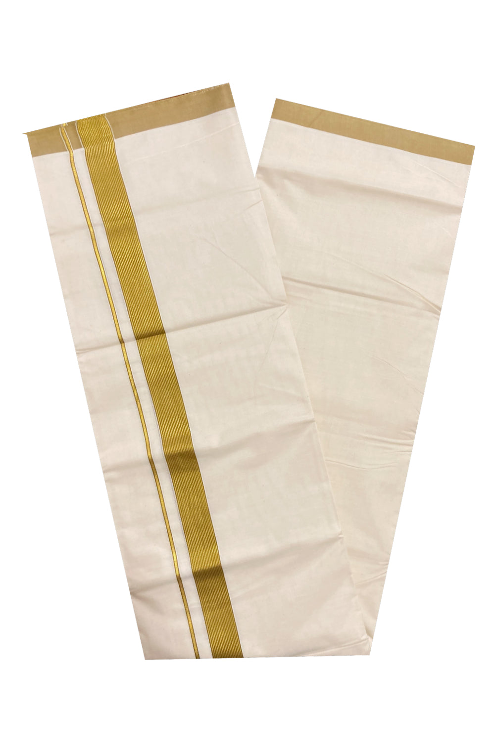 Off White Kerala Double Mundu with Kasavu and Light Brown Line Border (South Indian Dhoti)