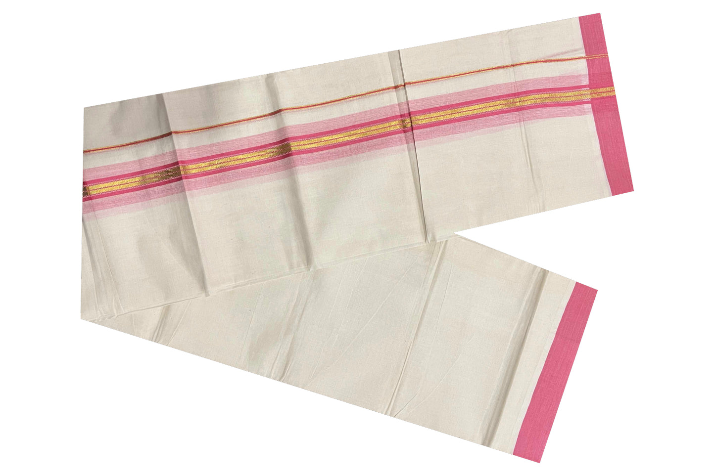 Off White Kerala Double Mundu with Kasavu and Pink Border (South Indian Dhoti)