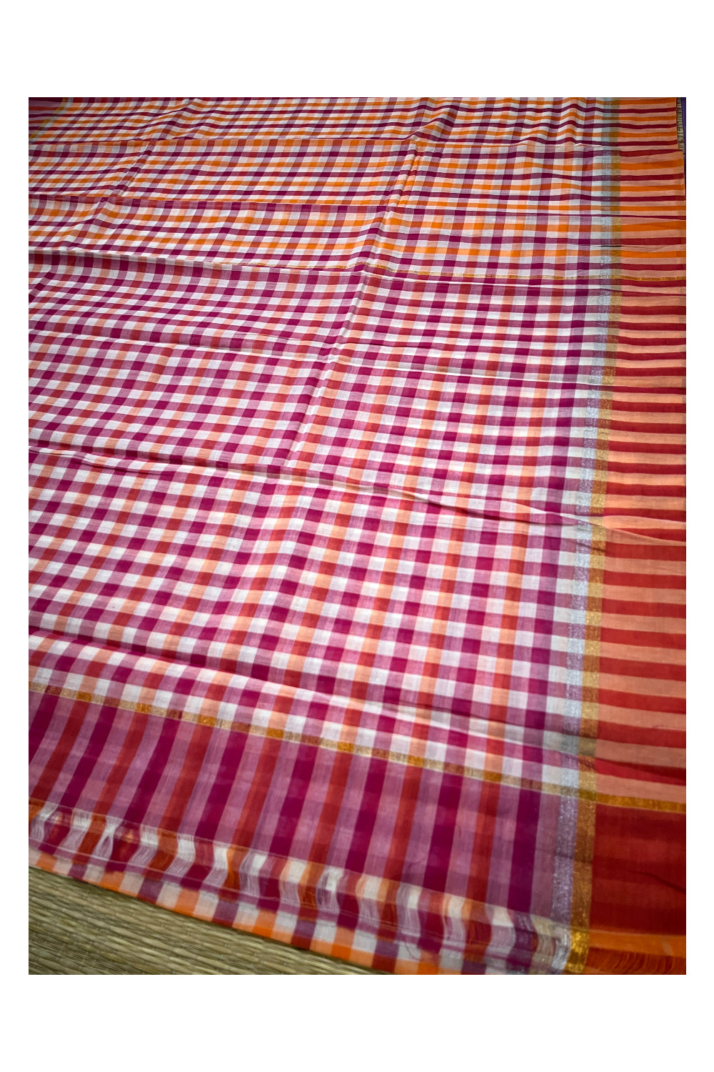 Pure Cotton Red and Orange Saree with Check Patterns