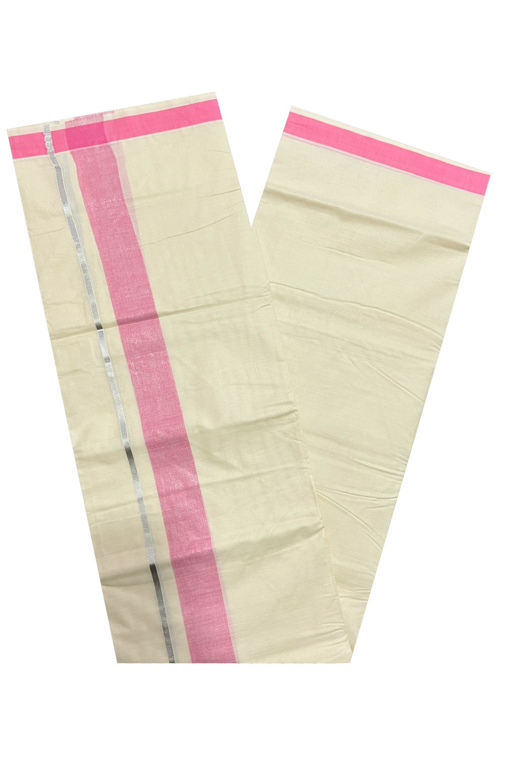 Pure Cotton Off White Double Mundu with Pink and Silver Kasavu Border (South Indian Dhoti)