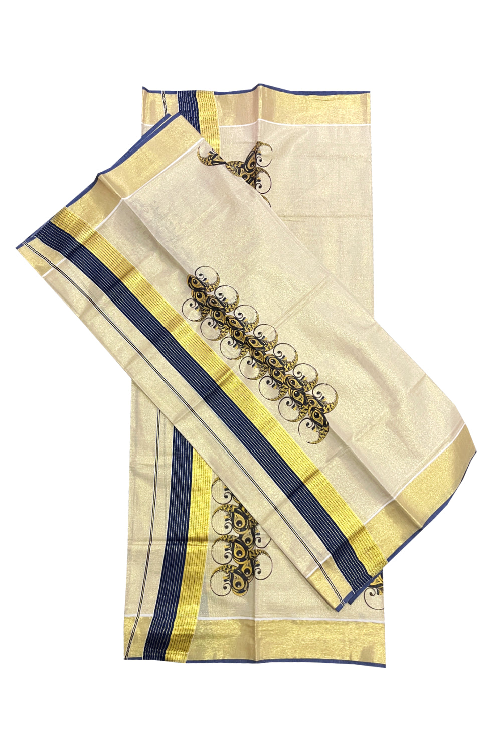 Kerala Tissue Set Mundu (Mundum Neriyathum) with Block Prints on Navy Blue and Kasavu Border 2.80 Mtrs