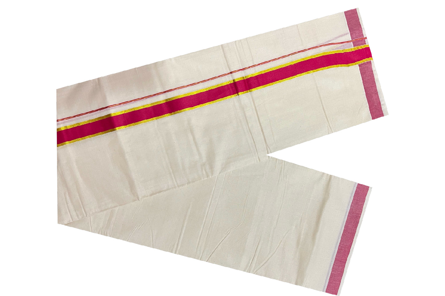 Off White Pure Cotton Double Mundu with Kasavu and Red Kara (South Indian Dhoti)