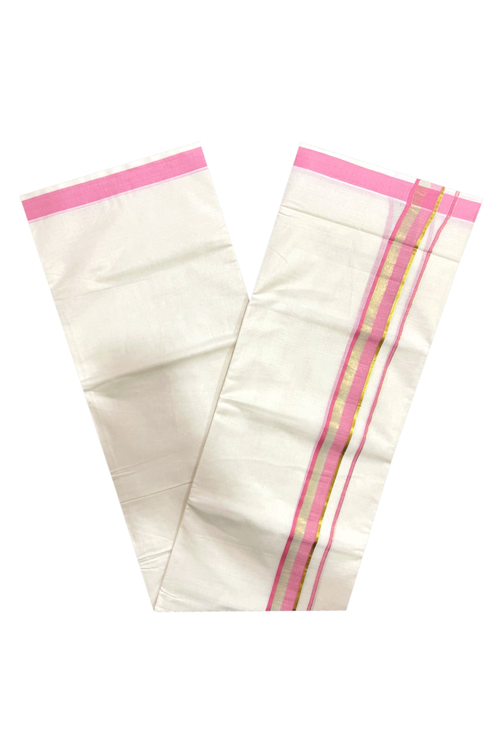 Pure Cotton Double Mundu with Kasavu Pink Kara (South Indian Kerala Dhoti)