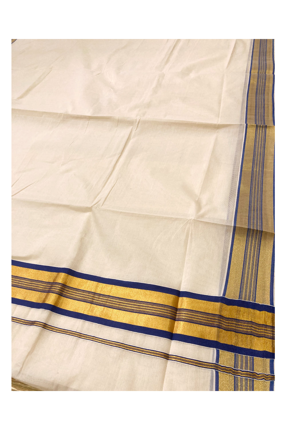 Kerala Pure Cotton Plain Saree with Kasavu and Blue Border