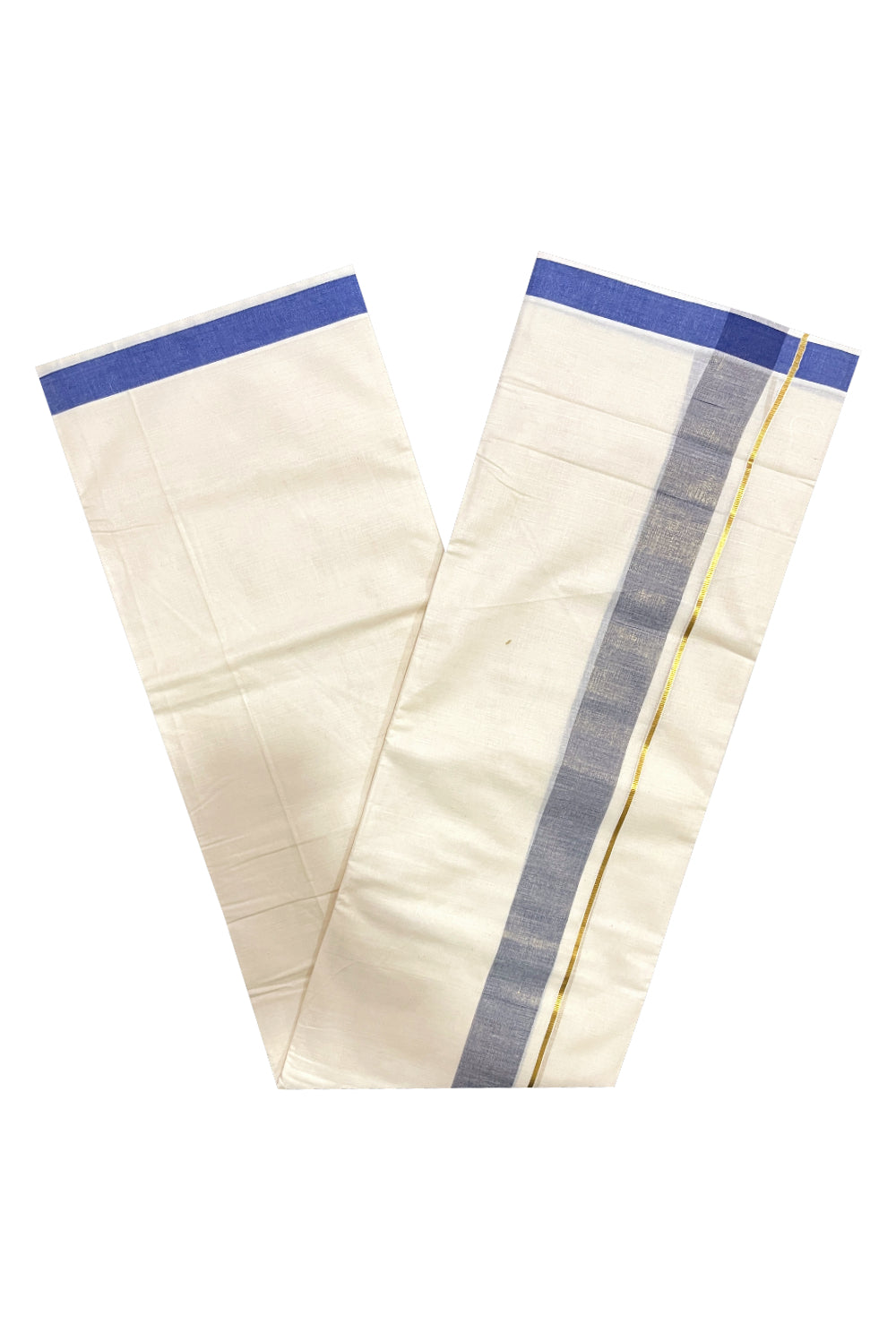 Pure Cotton Double Mundu with Kasavu Blue Kara (South Indian Dhoti)