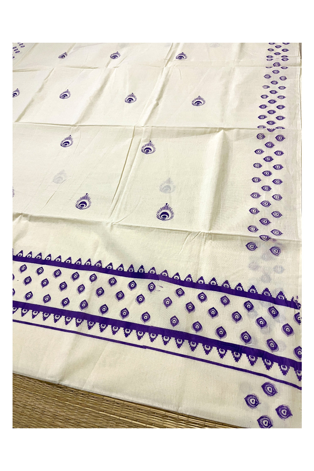 Pure Cotton Off White Kerala Saree with Violet Block Print Border (Onam 2024 Collection)