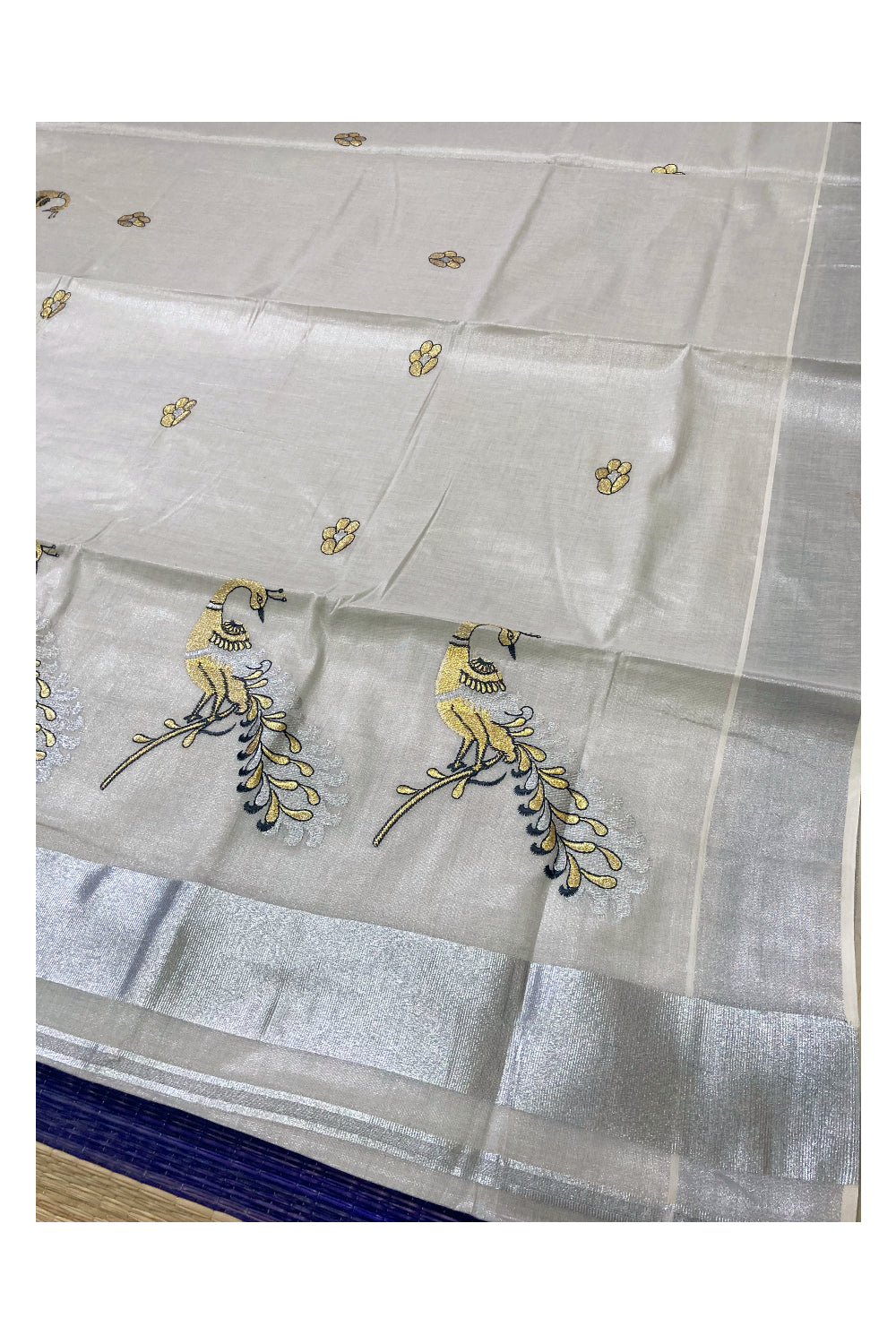 Kerala Silver Tissue Kasavu Saree with Black Golden Peacock Embroidery Works