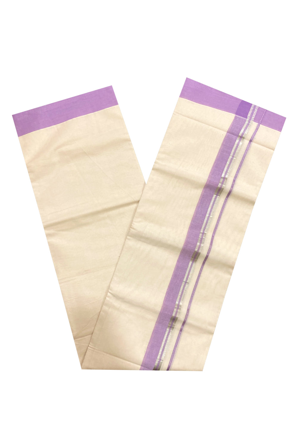 Pure Cotton Double Mundu with Violet and Silver Kasavu Border (South Indian Dhoti)