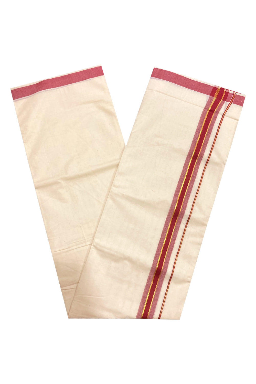 Pure Cotton Double Mundu with Maroon and Kasavu Border (South Indian Dhoti)