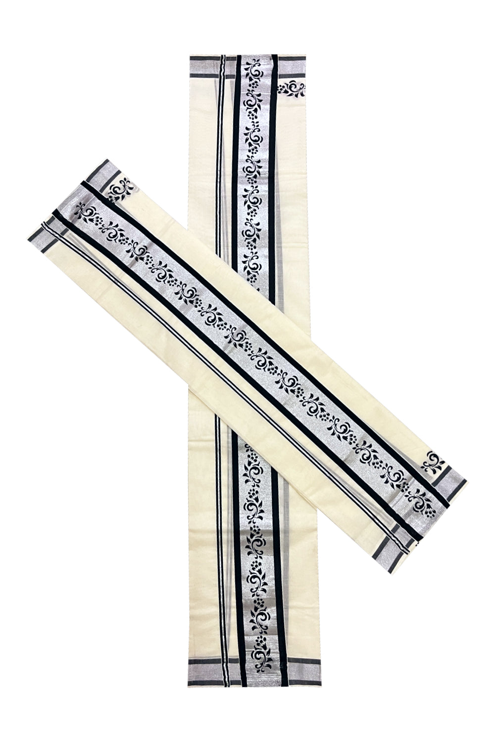 Kerala Cotton Mundum Neriyathum Single (Set Mundu) with Black Block Prints in Silver Border