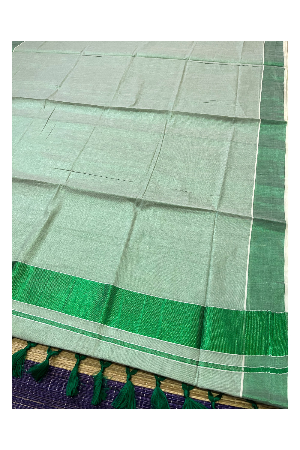 Kerala Tissue Green Kasavu Plain Saree with 3 Inch Border and Tassels Works on Pallu (Onam Saree 2023)