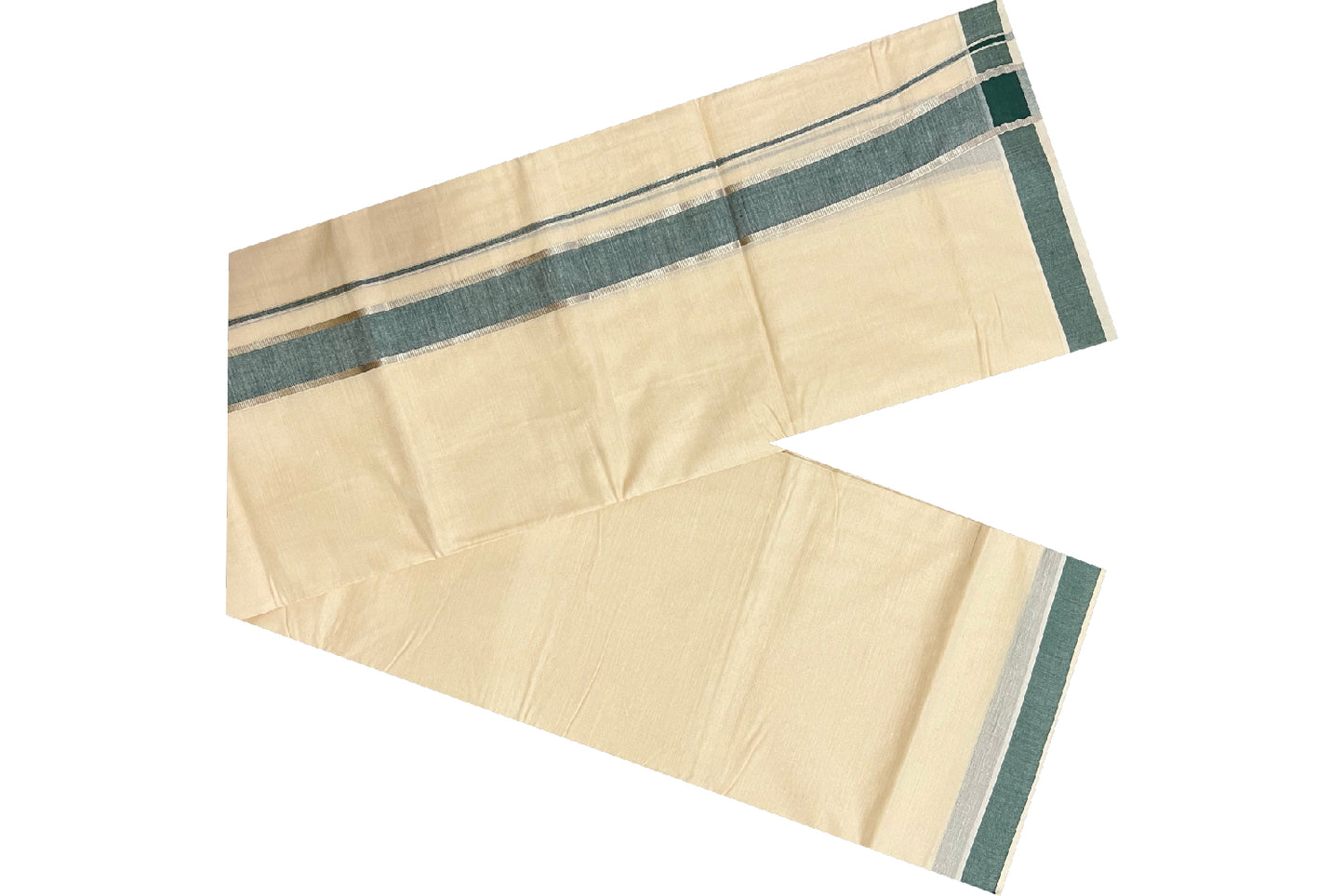 Off White Kerala Double Mundu with Silver Kasavu and Green Border (South Indian Dhoti)