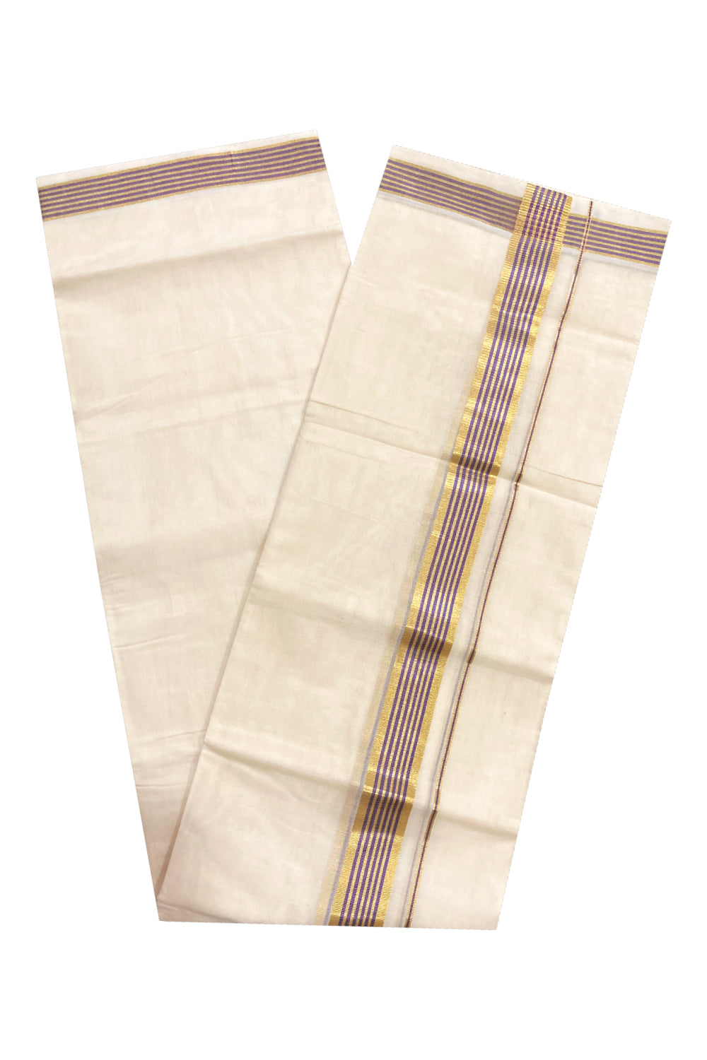 Southloom Premium Handloom Cotton Off White Mundu with Violet and Kasavu Border (South Indian Dhoti)