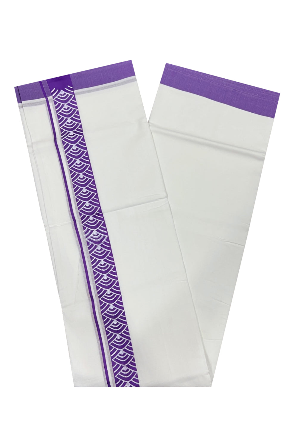 Pure White Cotton Double Mundu with Violet Block Printed Border (South Indian Dhoti)