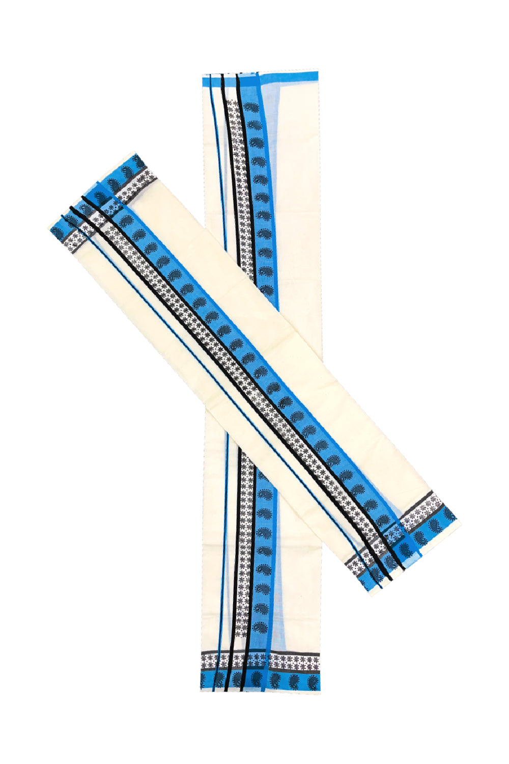 Kerala Cotton Single Set Mundu (Mundum Neriyathum) with Black Block Prints on Blue Border