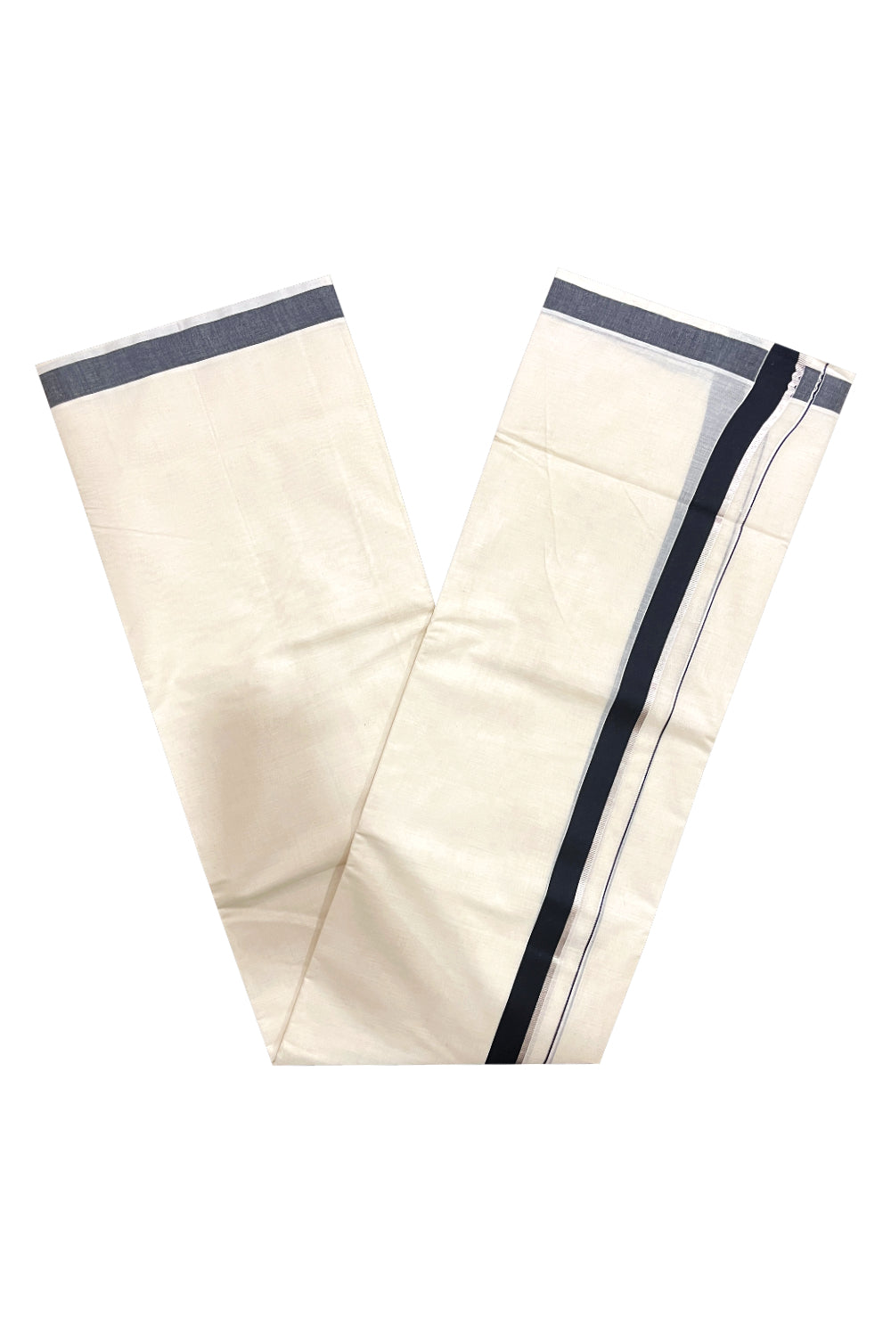 Pure Cotton Off White Double Mundu with Black and Silver Kasavu Kara (South Indian Dhoti)