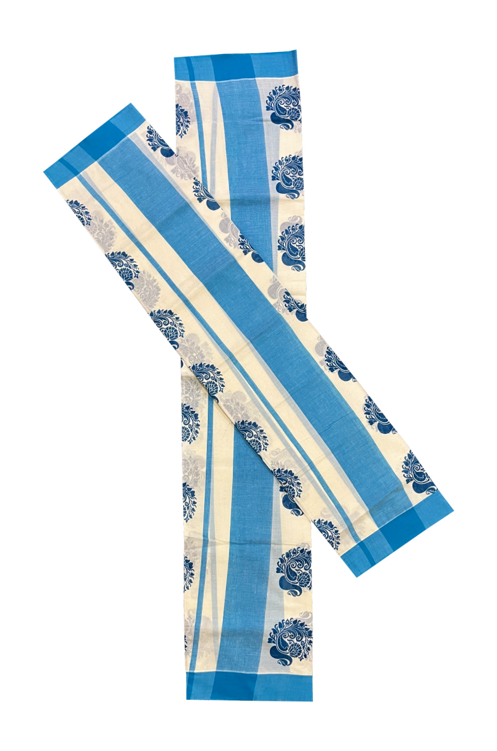 Pure Cotton Single Set Mundu (Mundum Neriyathum Onam 2023) with Blue Block Prints and Border