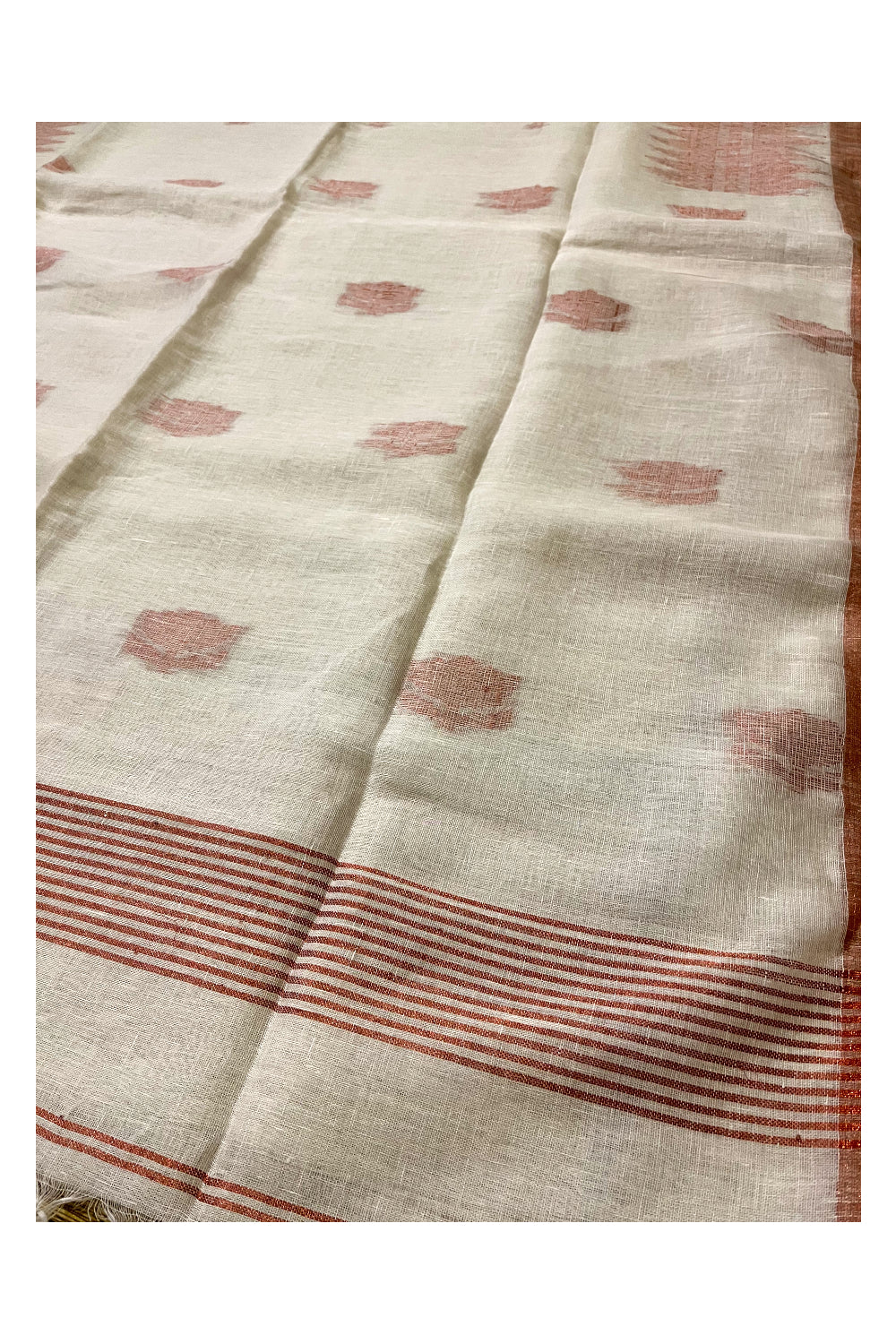 Southloom Linen Cotton White Saree with Copper Zari works on Body and Border