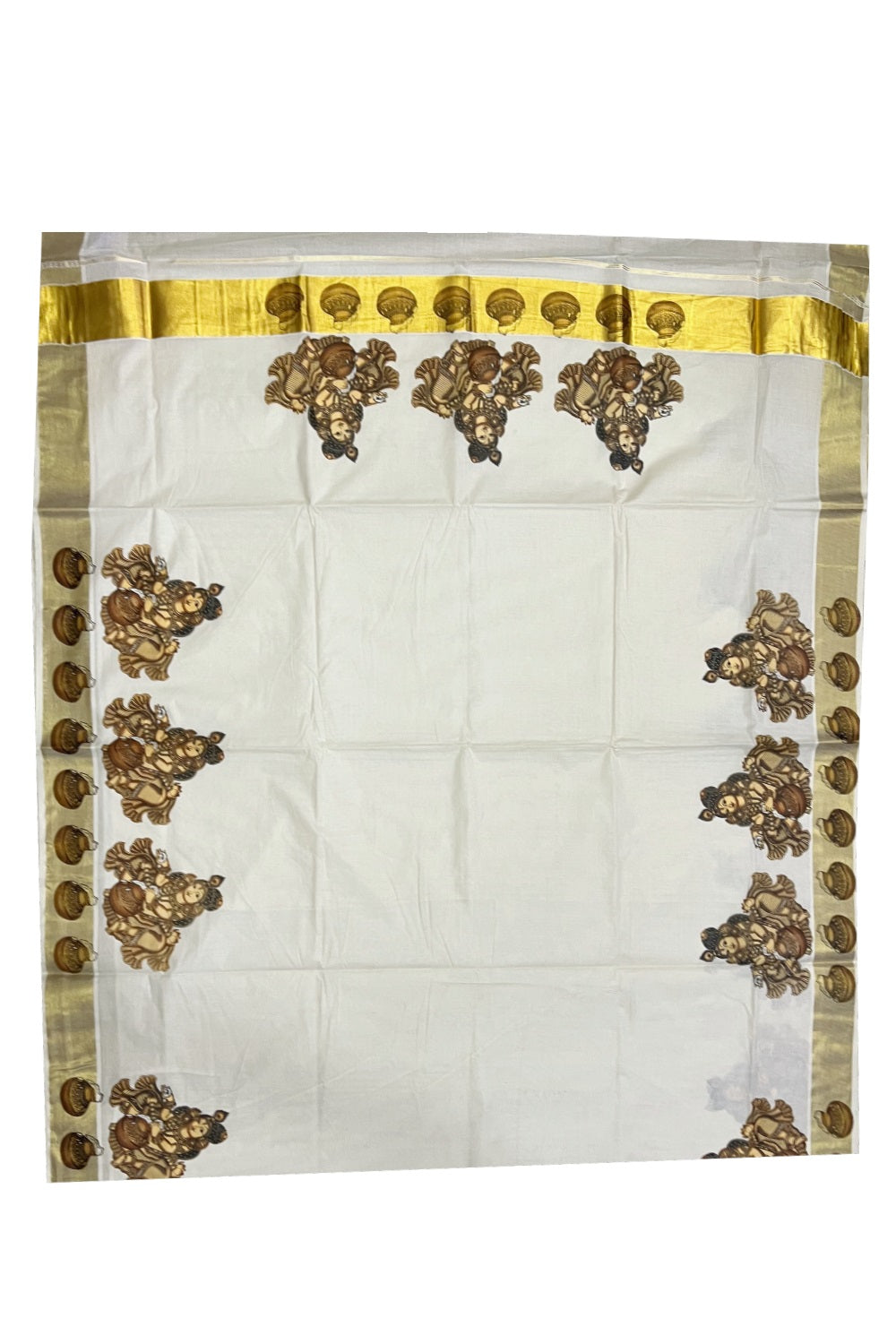 Pure Cotton Kerala Kasavu Saree with Mural Printed Brown Baby Krishna Design