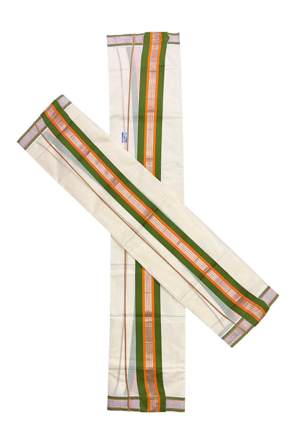 Pure Cotton Mundum Neriyathum Single (Set Mundu) with Silver Kasavu Green and Peach Border 2.80 Mtrs