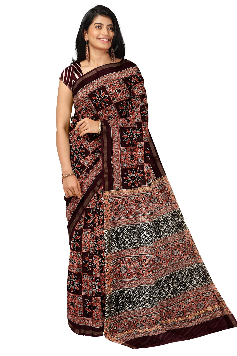 Southloom Cotton Purple and Red Saree with Ajrakh Printed Pallu