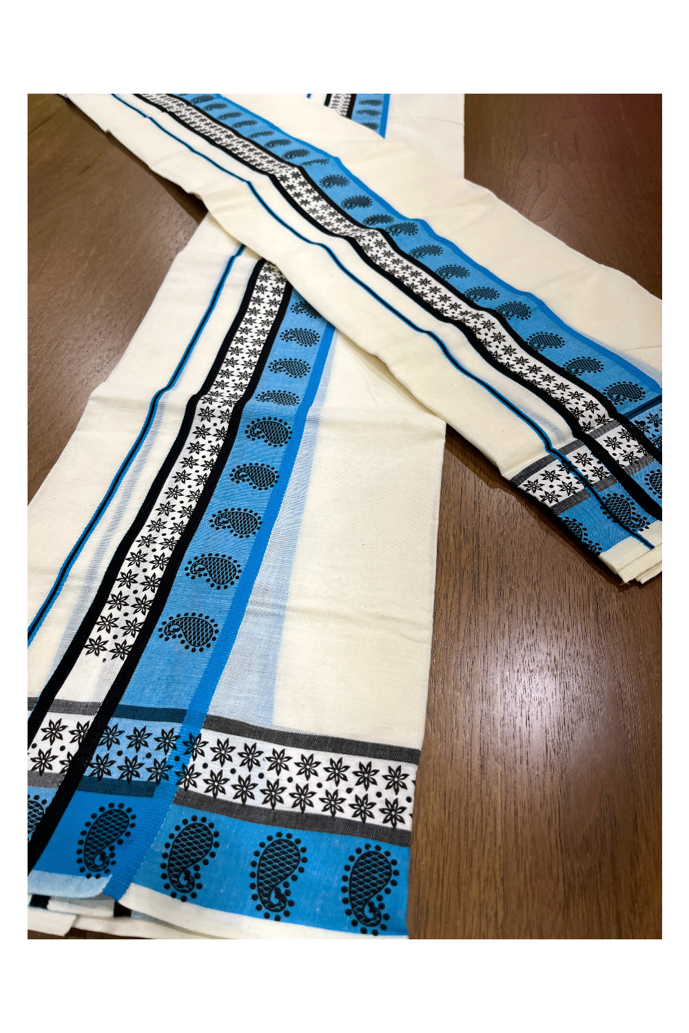 Kerala Cotton Single Set Mundu (Mundum Neriyathum) with Black Block Prints on Blue Border