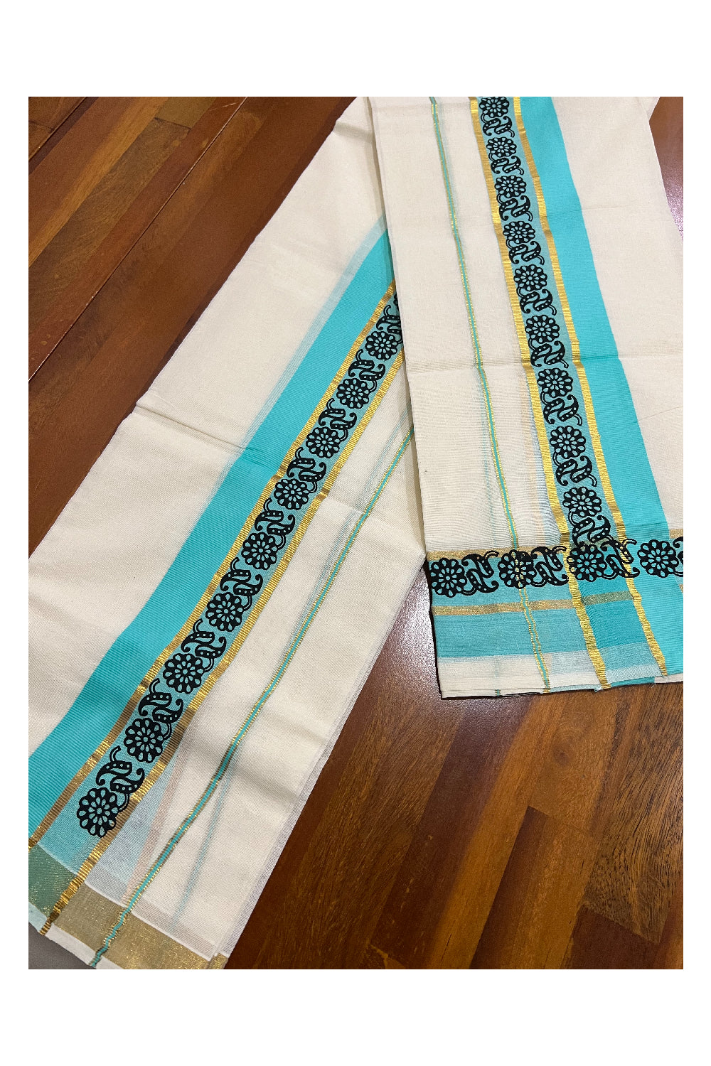 Kerala Cotton Kasavu Set Mundu (Mundum Neriyathum) with Black Floral Block Prints in Turquoise Border