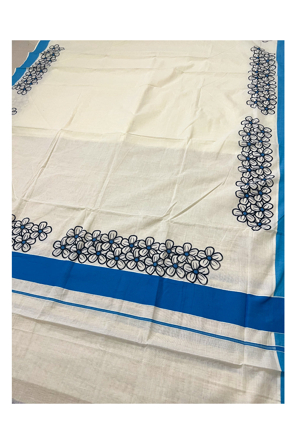 Southloom Kerala Saree with Black Floral Block Prints and Blue Border